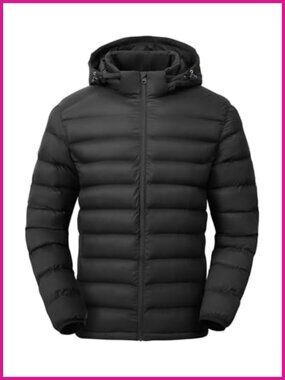 Men's Lightweight Puffer Jacket Detachable Hood Water-Resistant Winter Coat